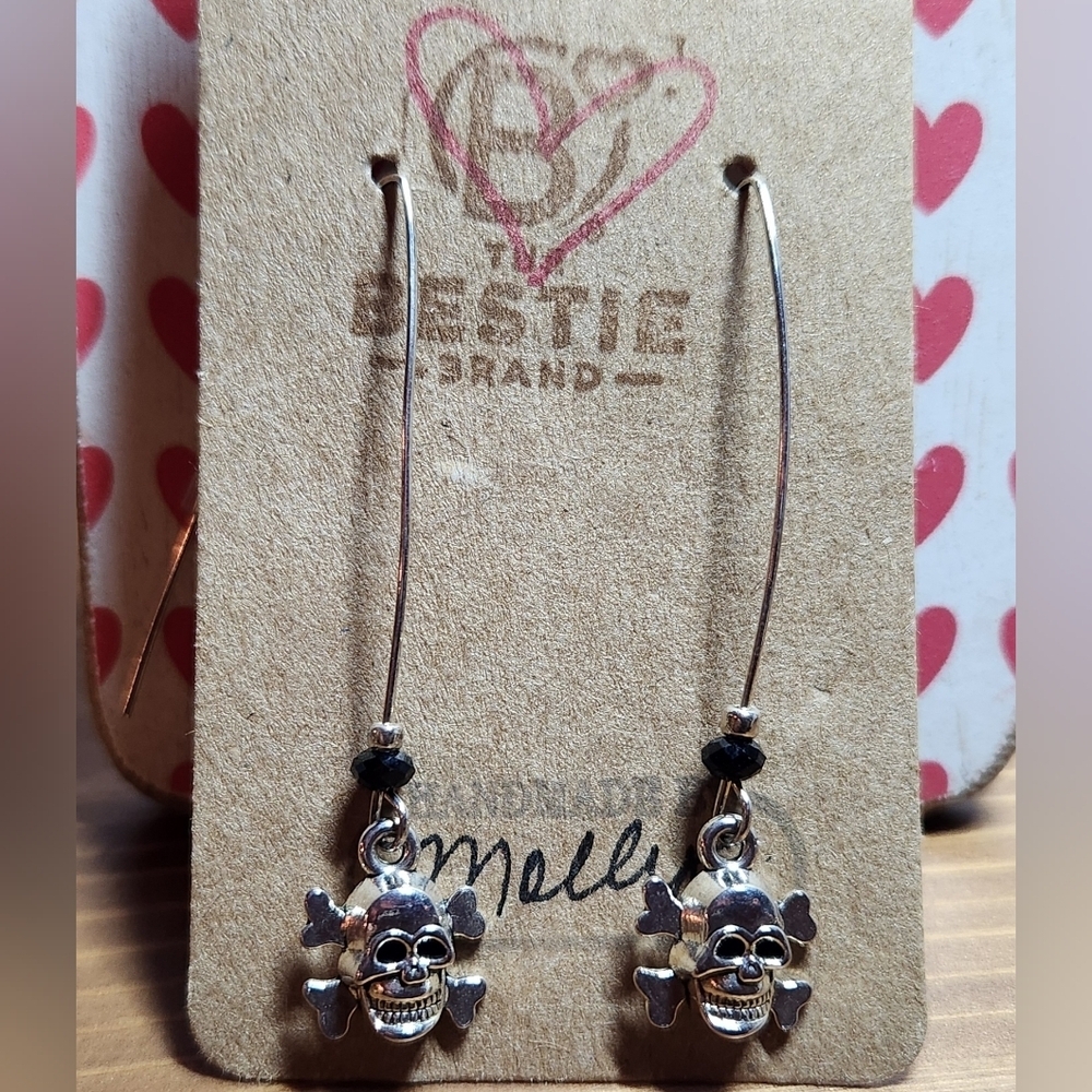Silver in Color Skull & Cross Bones Pirate Earrings with Black Beads Handmade